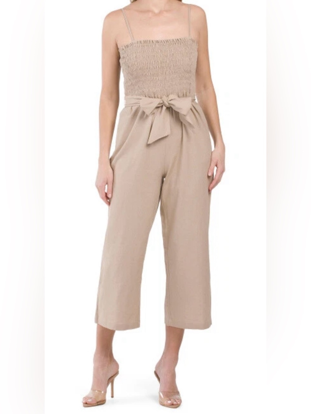 House of Harlow 1960 Tan Linen Blend Smocked Top Jumpsuit